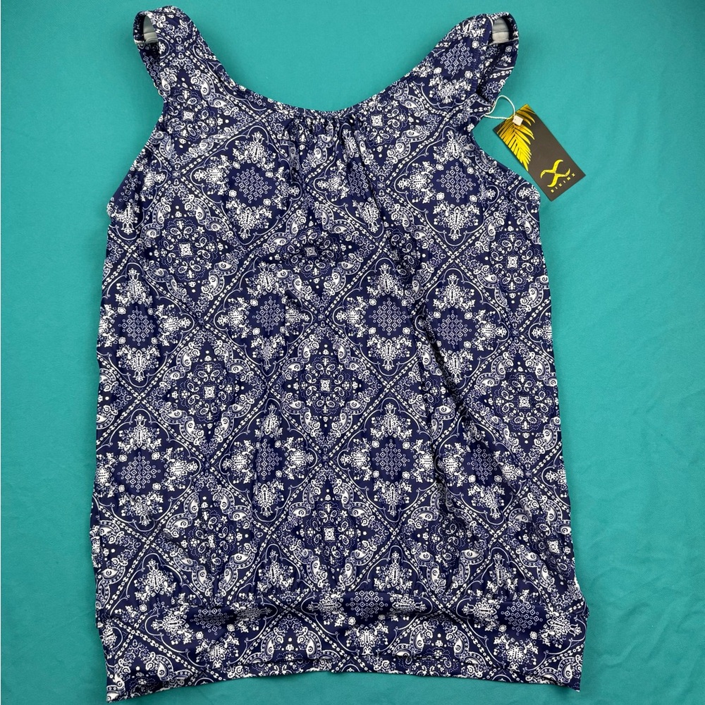 Bikinx Women Tankini Top Only Size L NWT Blue White Paisley Swim Top